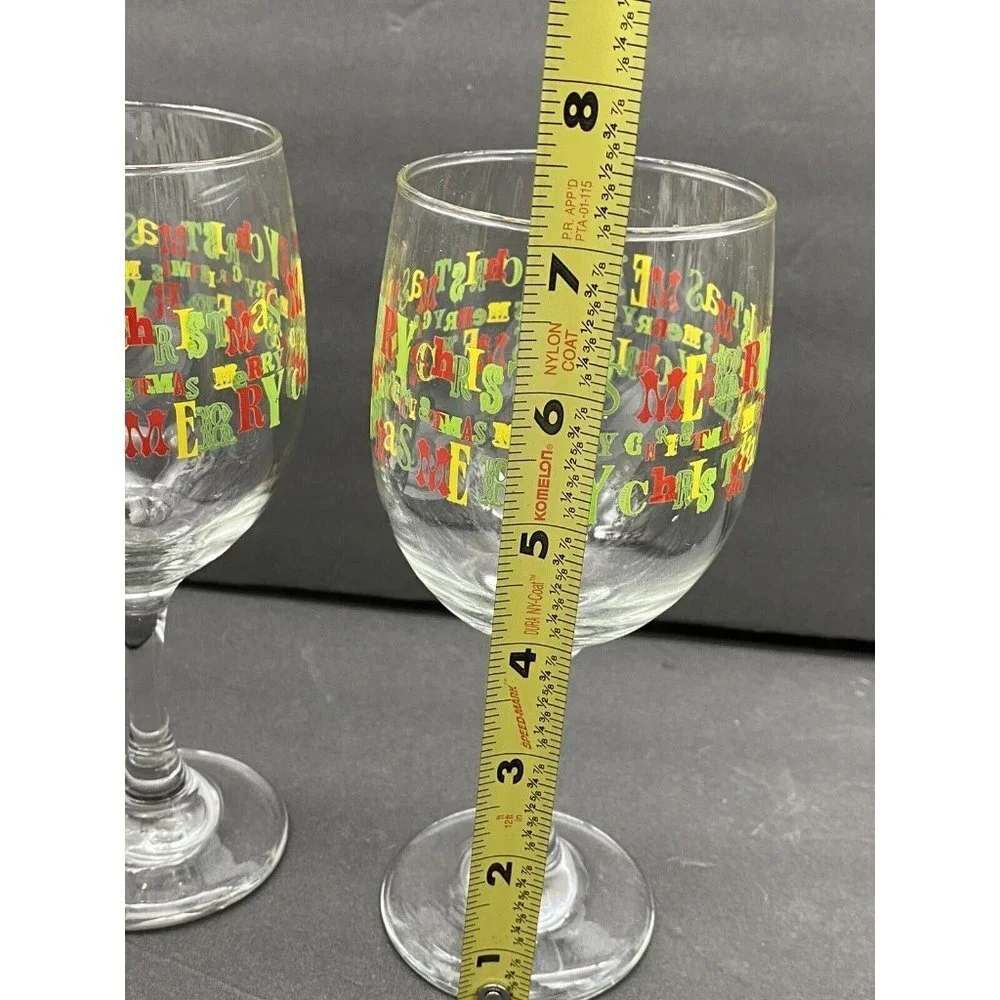 VTG Y2K Merry Christmas Libbey Wine Glasses Lot of 2 Holiday Barware‎ Red Green
